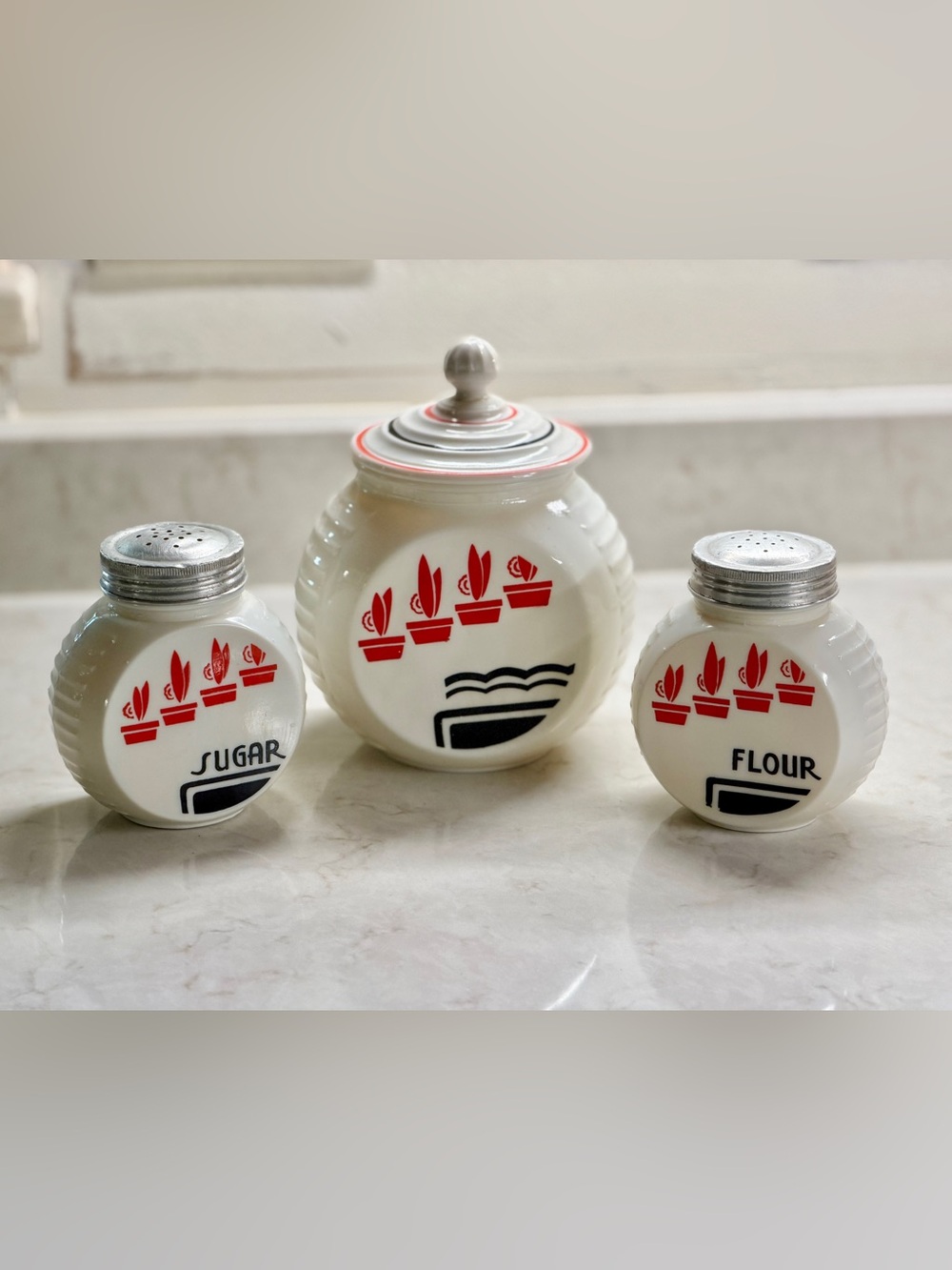 VINTAGE, FIRE KING 3-PIECE CANNISTER SET. MILK GLASS MADE IN THE 1930’S-1940’S